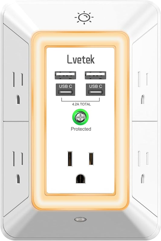 Multi Plug Outlet Surge Protector - Lvetek 3-Sided Power Strip with 5 Outlet Extender and 4 USB Ports(2 USB-C) and Night Light, USB Wall Charger for Home, Office, Travel, ETL Listed, White