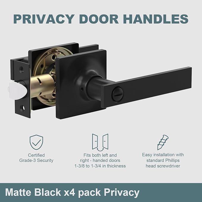 4 Pack Matte Black Door Handles - Privacy Door Levers Set, Keyless Black Interior Door Knobs, Modern Heavy Duty Square Door Lock for Bedroom or Bathroom, Reversible for Left Right Sided Doors