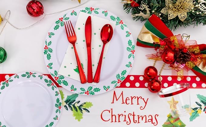 GATHER 176Pcs Christmas Plastic Plates - Heavy Duty Christmas Dinnerware Set Includes 50 Plates, 75 Red Plastic Silverware, 25 Cups, 25 Napkins and 1 Tablecloth for Xmas Party