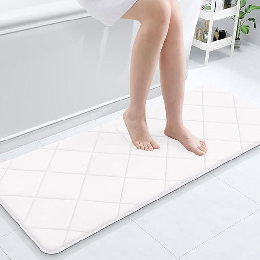 OLANLY Memory Foam Bath Mat 47x20, Ultra Soft and Absorbent Bathroom Rugs, Machine Washable, Comfortable Bath Carpet for Bathroom Floor, Tub and Shower, White