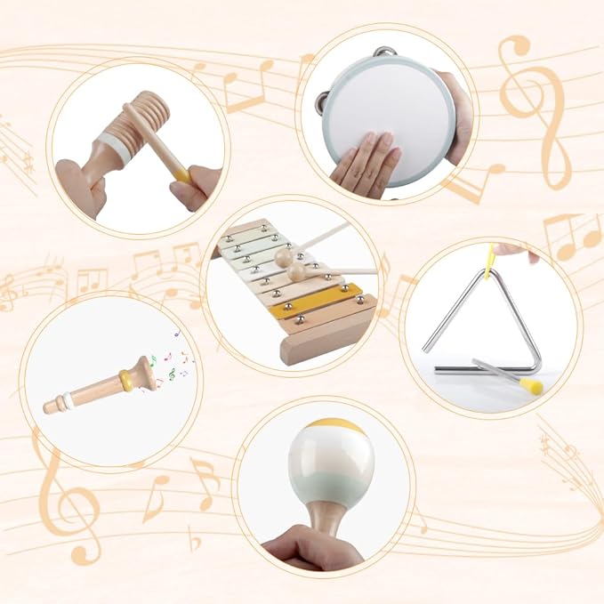 Baby Musical Instruments-Montessori Wooden Toys for Toddlers 1-3,Neutral Colors Percussion Instruments Set with Modern Boho Xylophone for Kids Preschool Educational 3+