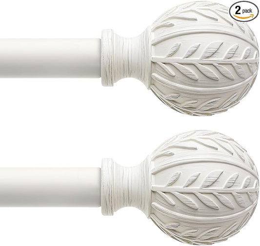2 Pack Antique White Curtain Rods for Windows 48 to 84 inch,1" Adjustable Heavy Duty Window Curtain Rod with Leaf Finials,Rustic Decorative Drapery Rods Set,Size:36-88''