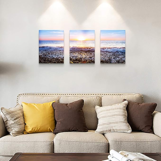 Wall Art For Living Room Blue Ocean Sea Canvas Wall Decor for Home artwork Painting 12" x 16" 3 Pieces Canvas Print For bedroom Decor Modern Salon kitchen office Hang a picture Beach Sun ocean