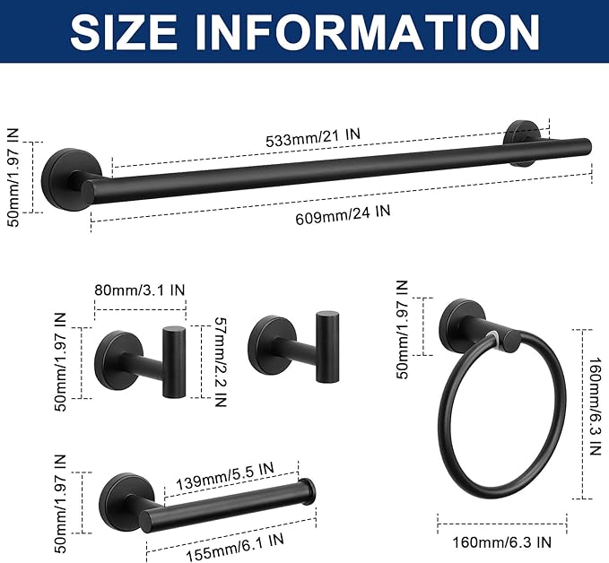 NearMoon 5 Pieces Bathroom Hardware Set SUS304 Thicken Stainless Steel-Towel Rack Kit Include 24" Towel Rod +Bath Towel Ring +Toilet Paper Holder +2 Robe Towel Hooks Bath Accessories (Matte Black)