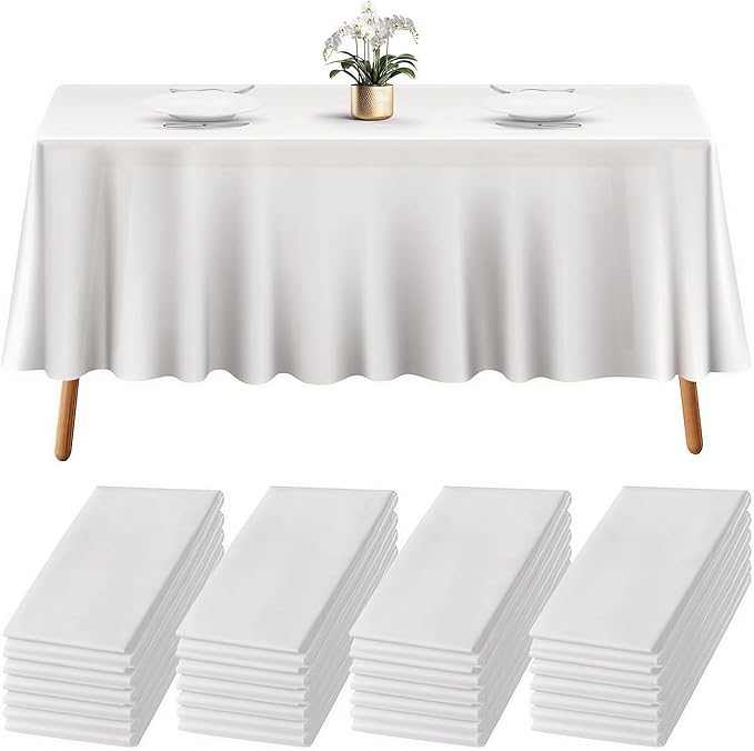 Prestee 24 Pack Plastic Table Cloth Disposable - 108" x 54" White Table Cloth Rectangle for Indoor or Outdoor Use - White Tablecloths for Weddings, Parties - Plastic Table Cover for Fine Dining Events