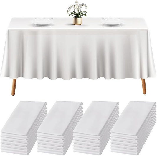 Prestee 24 Pack Plastic Table Cloth Disposable - 108" x 54" White Table Cloth Rectangle for Indoor or Outdoor Use - White Tablecloths for Weddings, Parties - Plastic Table Cover for Fine Dining Events