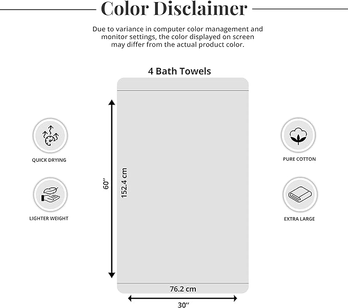Tens Towels Pack of 4 Extra Large Bath Towels 30 x 60 Inches, 100% Cotton, Larger & Lighter Weight, Quicker to Dry, Super Soft and Absorbent, Perfect for Bathroom, Cool Grey