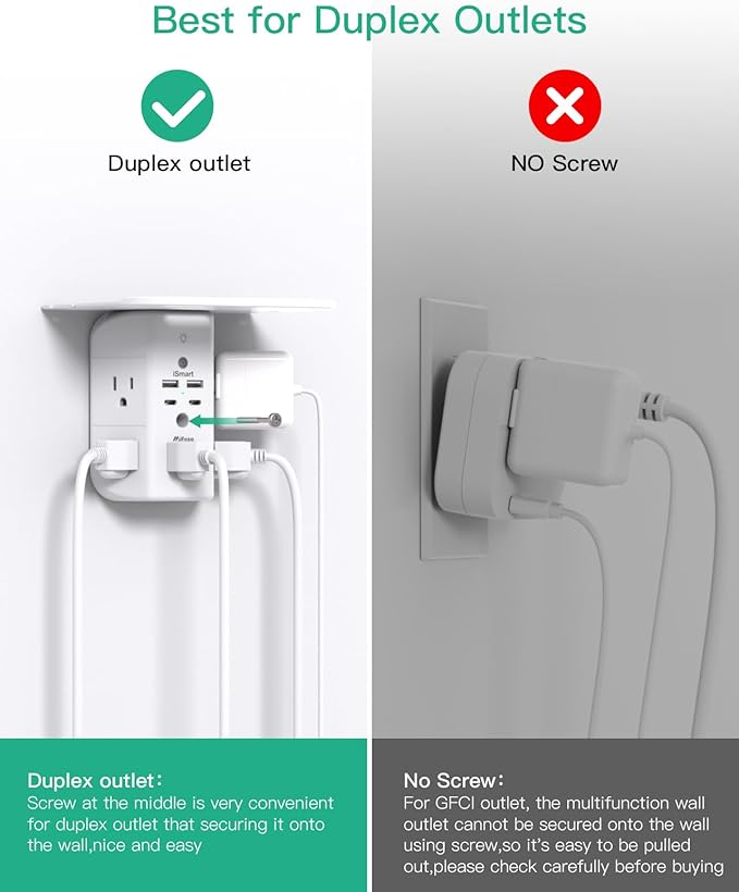 ☐ Wall Outlet Extender with Shelf & Night Light – USB Surge Protector