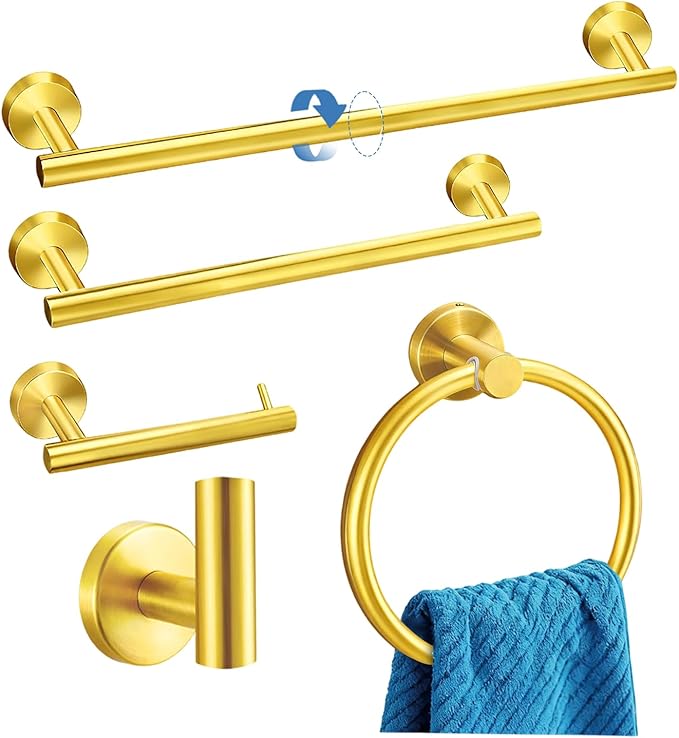 5-Piece Golden Bathroom Hardware Set - 5-in-1 Towel Rack Set, 23.6-inch SUS304 Stainless Steel Towel Bar and Toilet Paper Holder | Modern Bathroom Accessories (5, Golden)