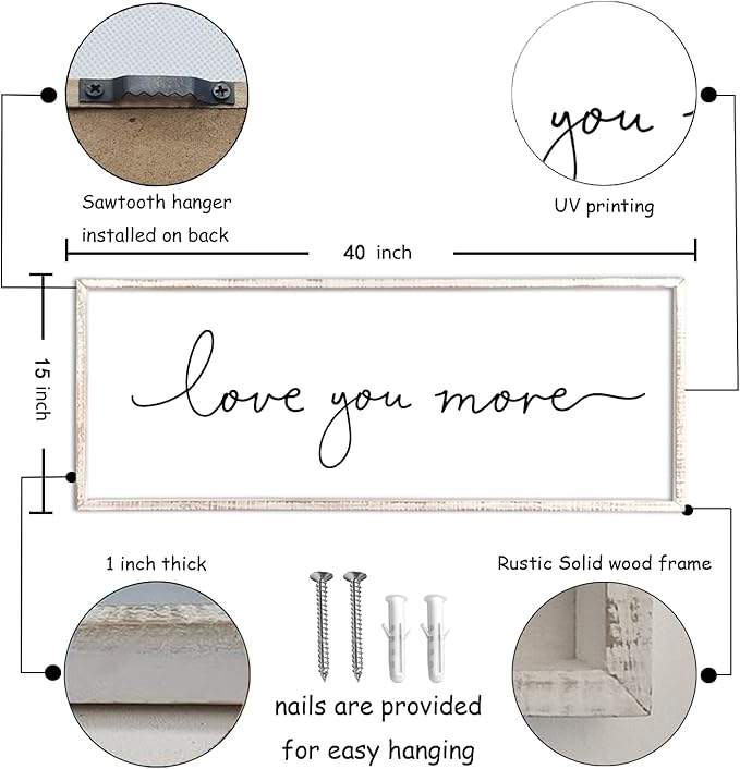 Love You More Sign Wall Decor Art 40"X15" Master Bedroom Guest Room Above Over Bed for Home Couple Rustic Large Wood Framed Wall Hanging (White)