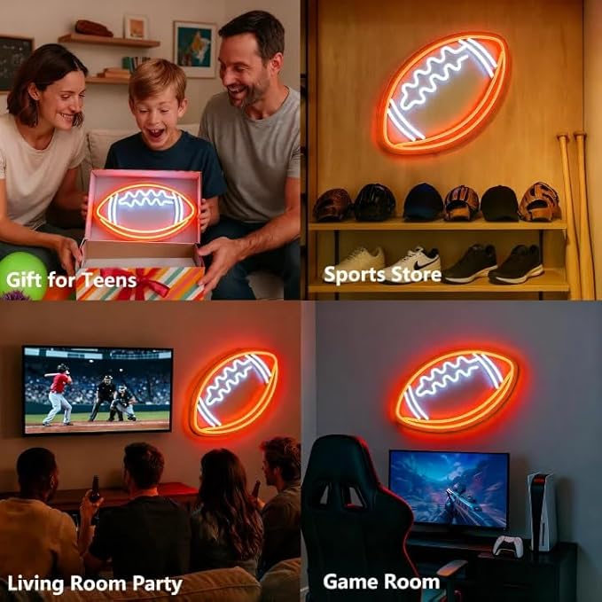 Football Neon Sign, Football-Shaped LED Neon Light for Wall Decor, USB Powered Light Up Sign for Man Cave, Boys & Teens Bedroom, Game Room Decor, Cool Football Gift for Fans, 17.7×11.8 inches
