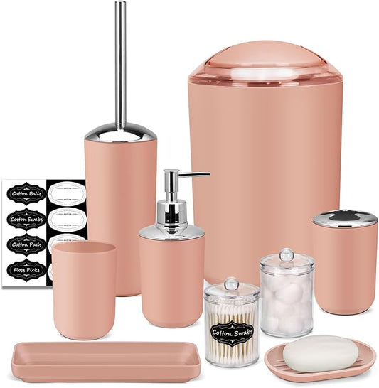 IMAVO Bathroom Accessories Set,Coral Pink Bathroom Set,9 Pieces Bathroom Accessory Set,Tray,Qtip Holders,Toilet Brush,Trash Can for Bathroom Décor and Home Gifts