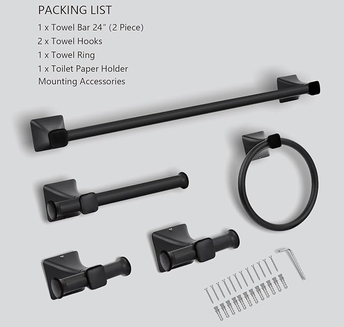 5 Piece Bathroom Hardware Accessories Set, SUS304 Stainless Steel Bath Towel Bar Set, 24 Inch Towel Racks for Bathroom Wall Mounted, Bath Towel Holder Set, Matte Black