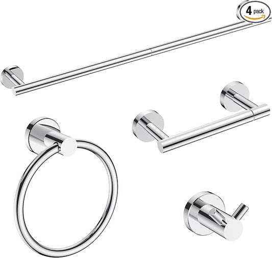 FORIOUS Bathroom Hardware Accessories Set, SUS304 Stainless Steel 24 Inch Towel Bar Set, Modern Towel Racks Holder for Bathroom Wall Mounted, 4 Pieces, Chrome
