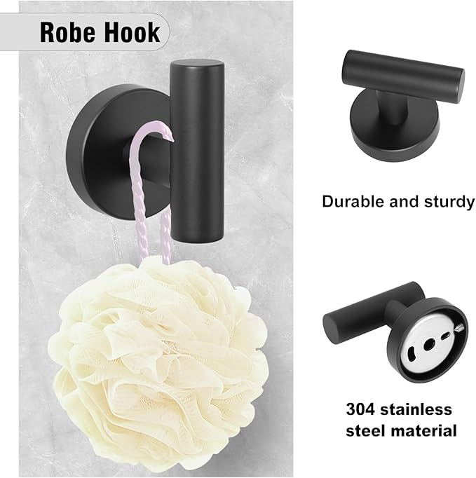 5-Piece Towel Racks for Bathroom, Stainless Steel Bathroom Accessories Set, Bathroom Towel Holder Wall Mounted, Sturdy Bath Towel Bar Set Bathroom Hardware Set (Matte Black, 2 Pillar Paper Holder)