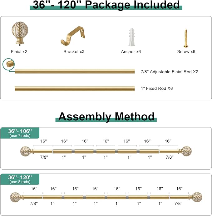 Gold Curtain Rods for Windows 66 to 120 inch,1" Adjustable Heavy Duty Window Curtain Rod Leaf Finials,Rustic Decorative Drapery Rods Set,Size:36-120''