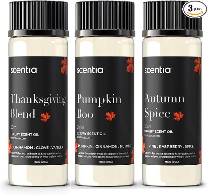 Scentia Fall Essential Oils for Diffuser with 3 Cozy Scents: Autumn Spice, Thanksgiving Blend & Pumpkin Boo - 20ml Aromatherapy Oils for Home, Candles & DIY - Perfect Fall Gift