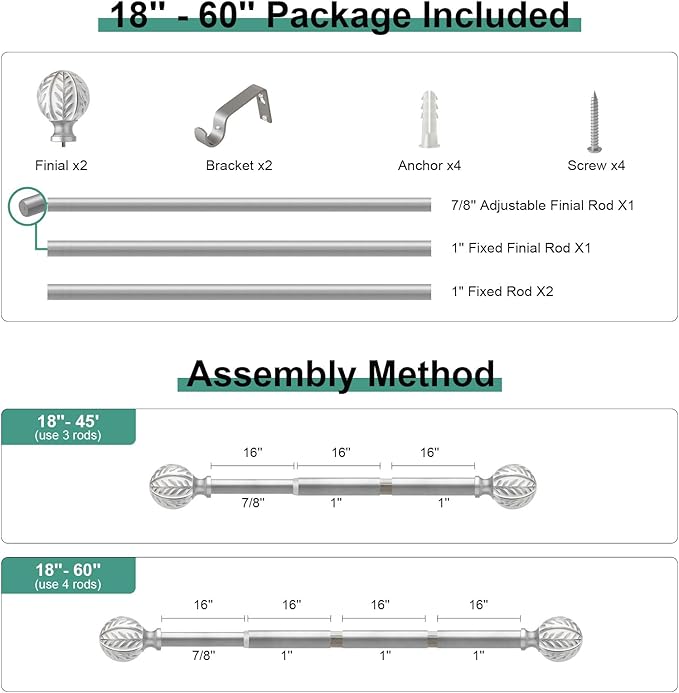 Silver Curtain Rods for Windows 28 to 48 inch,1" Adjustable Heavy Duty Window Curtain Rod with Leaf Finials,Rustic Decorative Drapery Rods Set,Size:18-60''