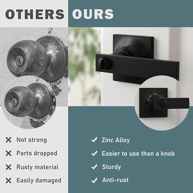 4 Pack Matte Black Door Handles - Privacy Door Levers Set, Keyless Black Interior Door Knobs, Modern Heavy Duty Square Door Lock for Bedroom or Bathroom, Reversible for Left Right Sided Doors