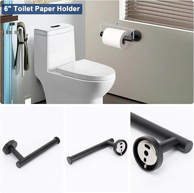 NearMoon 5 Pieces Bathroom Hardware Set SUS304 Thicken Stainless Steel-Towel Rack Kit Include 24" Towel Rod +Bath Towel Ring +Toilet Paper Holder +2 Robe Towel Hooks Bath Accessories (Matte Black)