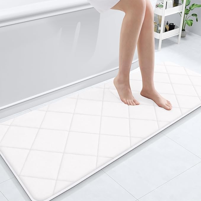 OLANLY Memory Foam Bath Mat 59x20, Ultra Soft and Absorbent Bathroom Rugs, Machine Washable, Comfortable Bath Carpet for Bathroom Floor, Tub and Shower, White
