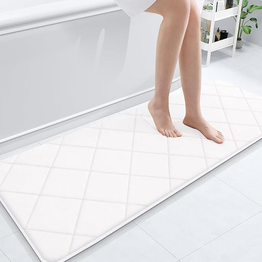 OLANLY Memory Foam Bath Mat 59x20, Ultra Soft and Absorbent Bathroom Rugs, Machine Washable, Comfortable Bath Carpet for Bathroom Floor, Tub and Shower, White
