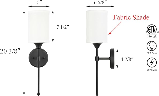 XiNBEi Lighting Wall Sconce Lighting, Classic 1 Light Black Bathroom Sconce Vanity Light with Fabric Shade for Corridor Bedroom & Living Room XB-W1260-MB