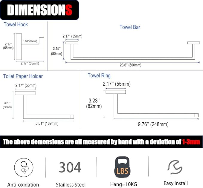 Bathroom Hardware Set 5 Piece Brushed Nickel Bathroom Accessories Set SUS304 Towel Bar Set Includes Towel Bar 24 Inch+Towel Holder+Toilet Paper Holder+Towel Hook (5, Brush Nickel)