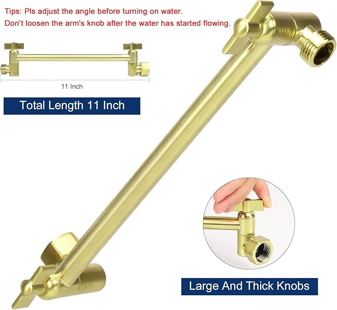 NearMoon Rain Shower Head with 11'' Adjustable Arm, High Pressure Stainless Steel Rainfall Shower, Ultra-Thin Design - Pressure Boosting (8 Inch, Gold)