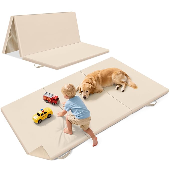 39X59Inch Vegan Leather Play Mat for Baby Trifold Thick | Soft Padded Foam Floor Mat for Kids Playroom | Foldable Playmat | Non-Slip Removable Cover Washable Crawling Playmat Infant