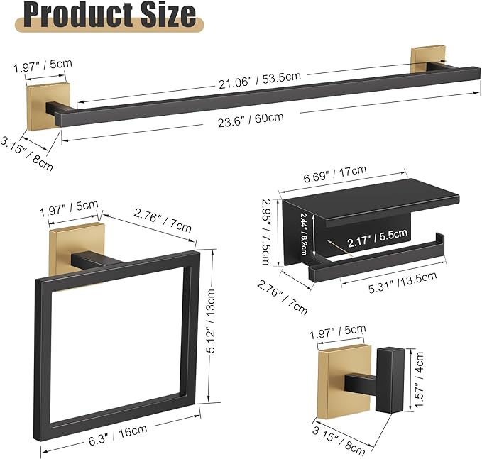 Black & Gold 5-Piece Bathroom Hardware Set – Stainless Steel Towel Bar & Holder