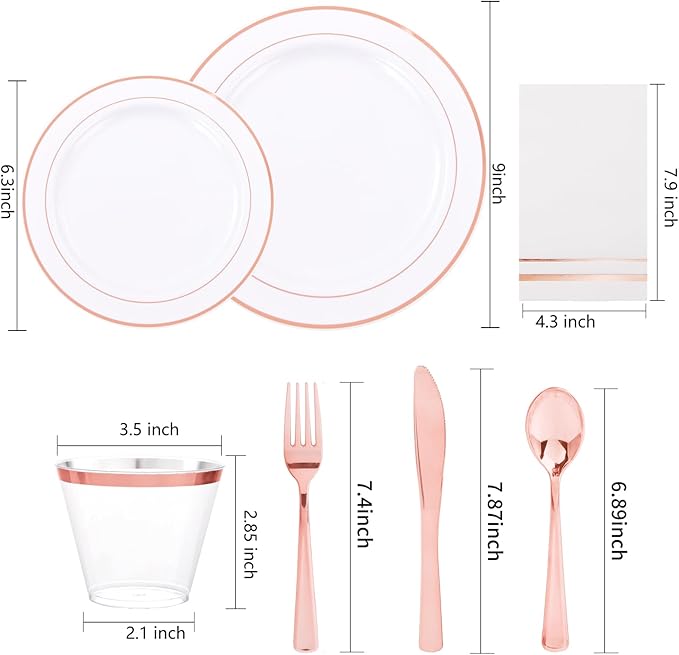 GATHER 350PCS Rose Gold Plastic Plates - Disposable Rose Gold Dinnerware Sets Includes 100 Gold Rimmed Plastic Plates, 150 Silverware, 50 Napkins, 50 Cups for Party, Wedding