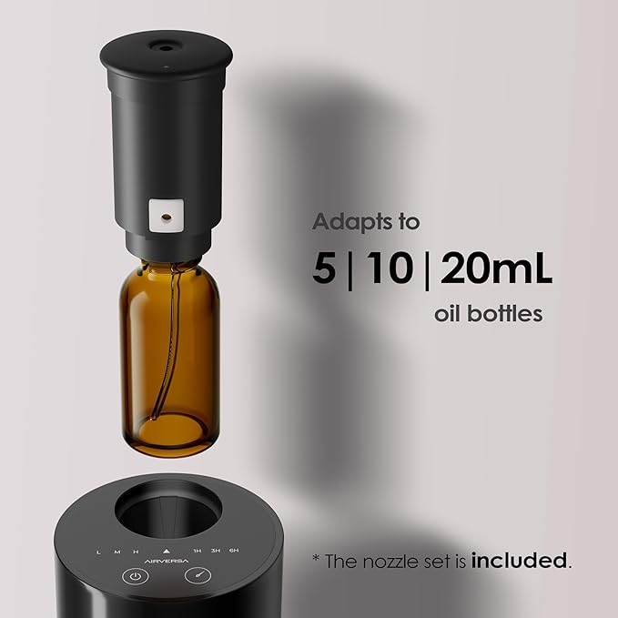 Airversa Waterless Diffuser for Essential Oil, Car Diffsuer, Battery Operated Nebulizer, 0.7 Fl Oz/ 20mL, Mini Scent Air Machine, 3 Timers & 3 Mist Levels for Home, Room, Office - AN6 + Extra Nozzle