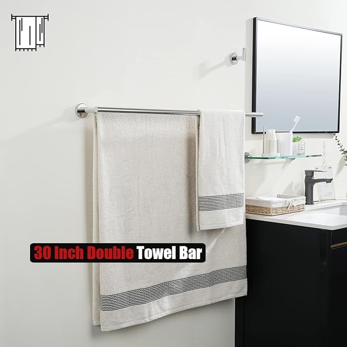 JQK Double Bath Towel Bar, 33 Inch 304 Stainless Steel Thicken 0.8mm Towel Rack for Bathroom, Towel Holder Polished Chrome Wall Mount, Useable Length 30 Inch, TB100L30-CH