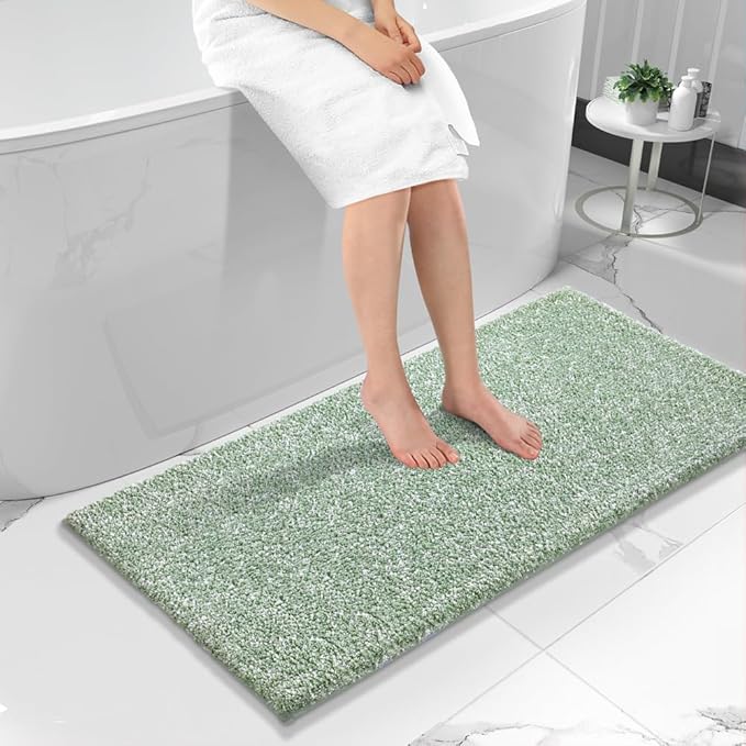 Yimobra Bathroom Runner Rug Non Slip Washable, Soft Absorbent Microfiber Long Bath Mat, Dual-Tone Decor Rug with Rubber Backing for Floor, Tub and Hallway,56x24,Home Essentials,Green and White