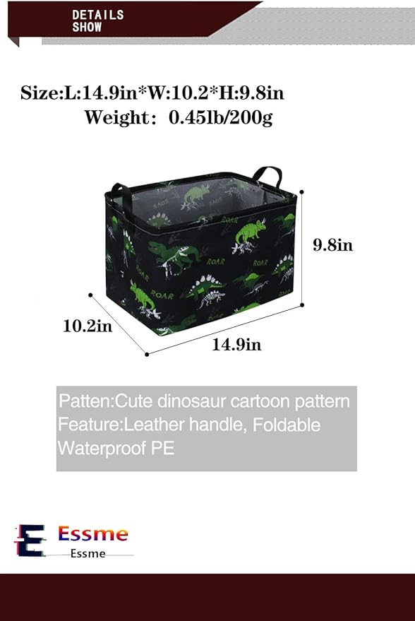 Kids Dinosaur Storage Basket with Handles – Foldable Toy Organizer Bin