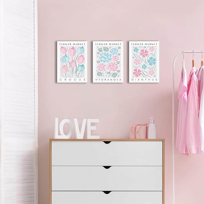 BingruiArt Flower Market Wall Art Pink and Blue Canvas Boho Floral Wall Decor Botanical College Coquette Girly Preppy Posters Prints Pictures for Apartment Batroom Bedroom Dorm Room 3Pcs 12"x16" Framed
