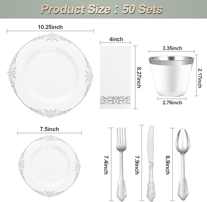 350PCS Silver Plastic Plates for 50 Guests, Disposable Dinnerware Set Includes 100 Disposable Plates, 150 Silver Silverware, 50 Cups, 50 Napkins for Party & Wedding