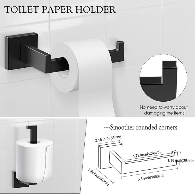 BOZWELL 5 Pieces Matte Black Bathroom Hardware Accessories Set Square Towel Racks for Bathroom 23.6 inch Stainless Steel Towel Bar Set Wall Mounted Towel and TP Set
