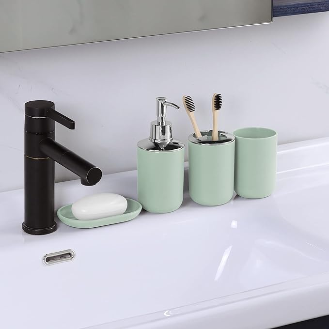IMAVO Bathroom Accessories Set,Green Bathroom Set,7 Pieces Bathroom Accessory Set,Tray,Toilet Brush,Trash Can for Bathroom Décor and Housewarming Gifts