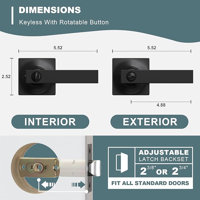 4 Pack Matte Black Door Handles - Privacy Door Levers Set, Keyless Black Interior Door Knobs, Modern Heavy Duty Square Door Lock for Bedroom or Bathroom, Reversible for Left Right Sided Doors