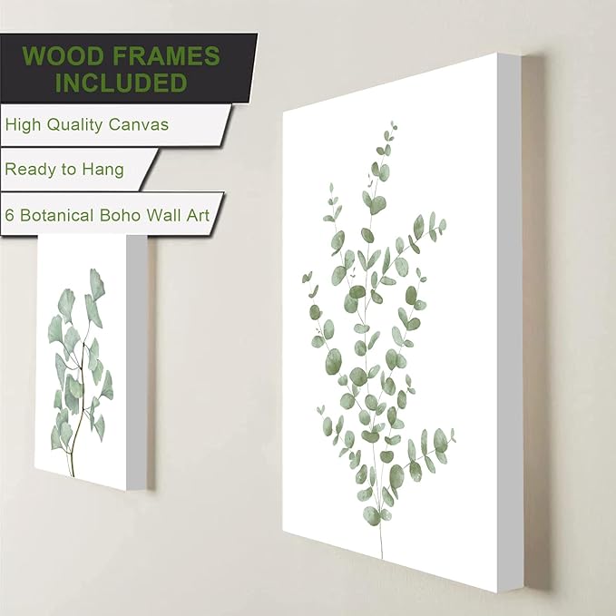 FRAMED Botanical Plant Canvas Wall Art, Boho Plant Wall Decor Minimalist Floral Wall Decor Light Green Botanical Wall Art for Bedroom Living Room Bathroom Office (Set of 6, 8x10 inch, Framed)