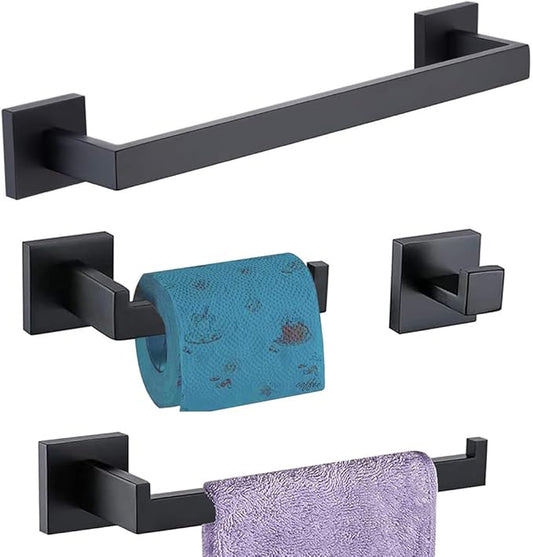 Bathroom Hardware Set 4 Piece Matte Black Bathroom Accessories Set SUS304 Towel Bar Set Includes Towel Bar 16 Inch+Towel Holder+Toilet Paper Holder+Towel Hook (4, Matte Black)
