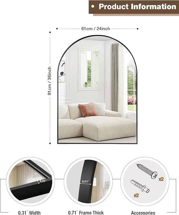 MZON 16 * 24 Inch Arched Black Mirror, Arched Bathroom Mirror, Arch Mirrors for Wall, Vanity, Entryway&Livingroom, Metal Frame&Tempered Glass, Anti-Rust, Modern Home Decor