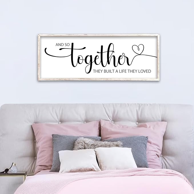And So Together They Built A Life They Loved Sign Wall Decor 40"X15" Bedroom Above Over Bed Large Wood Framed Love Quotes for Couple Wall Hanging Art (White)