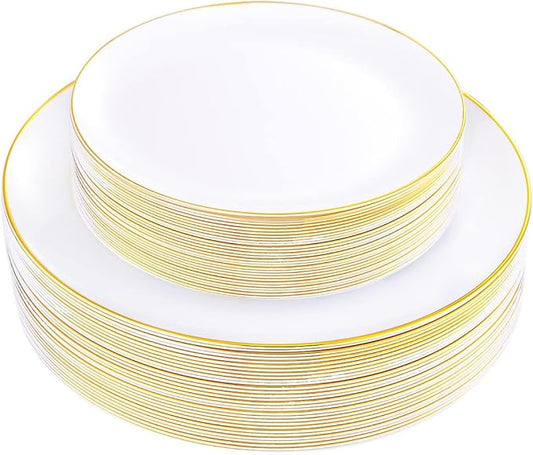 KIRE 60PCS Gold Plastic Plates - Thanksgiving Heavy Duty White Disposable Plates with Gold Rim for Party/Wedding- Include 30Pieces 10.25inch Dinner Plate and 30Pcs 7.5inch Dessert Plate