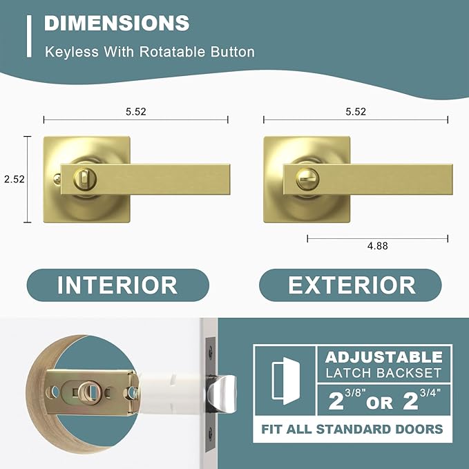 4 Pack Brushed Gold Door Handles - Privacy Door Levers Set, Keyless Interior Door Knobs, Modern Heavy Duty Square Door Lock for Bedroom or Bathroom, Reversible for Left Right Sided Doors