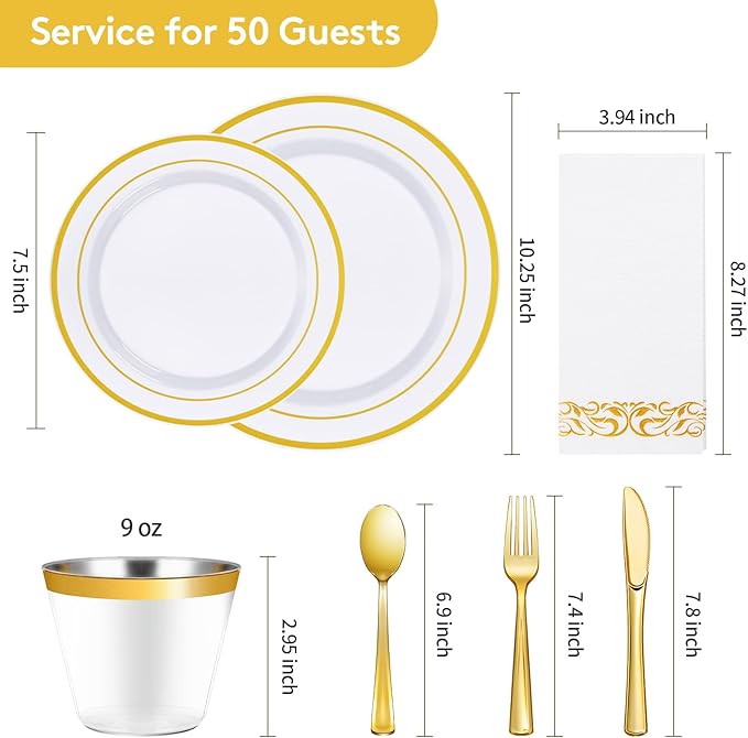 Goodluck 350 Piece Gold Dinnerware Set for 50 Guests, Plastic Plates Disposable for Party, Include: 50 Gold Rim Dinner Plates, 50 Dessert Plates, 50 Paper Napkins, 50 Cups, 50 Gold Silverware Set