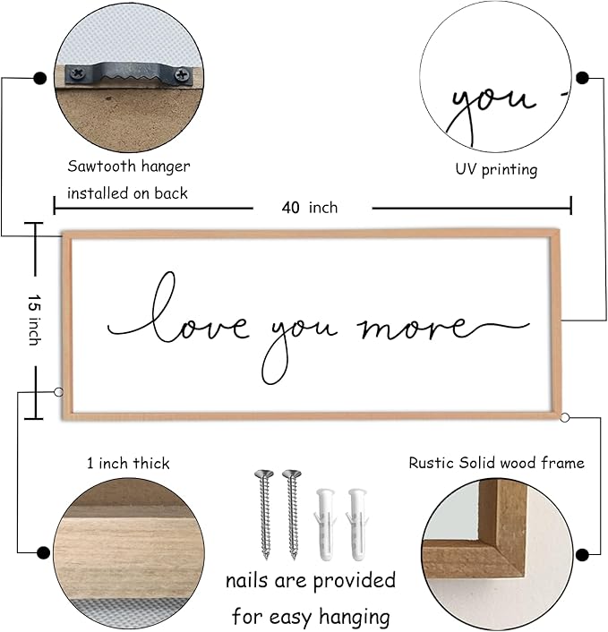Love You More Sign Wall Decor Art 40"X15" Master Bedroom Guest Room Above Over Bed for Home Couple Rustic Large Wood Framed Wall Hanging (Wood)