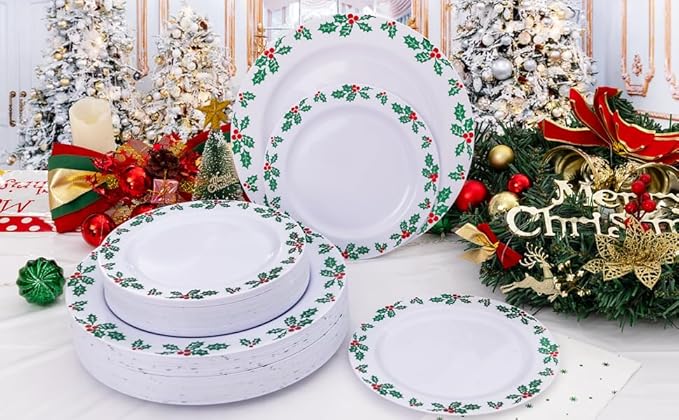 GATHER 176Pcs Christmas Plastic Plates - Heavy Duty Christmas Dinnerware Set Includes 50 Plates, 75 Red Plastic Silverware, 25 Cups, 25 Napkins and 1 Tablecloth for Xmas Party
